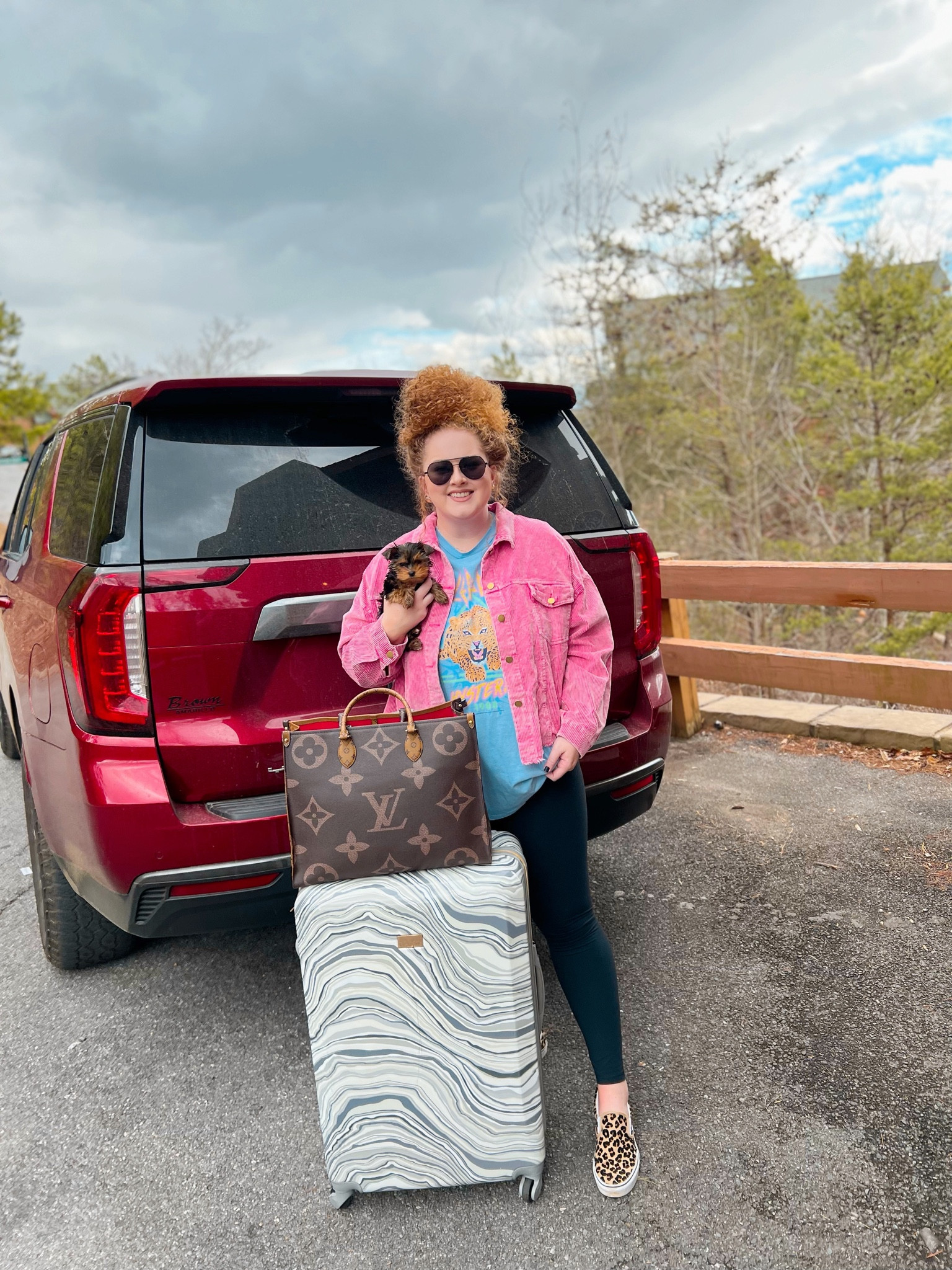 Fav road trip buddy 💕 pink jacket | pink denim jacket | vans | leopard vans | aviators | band tee | graphic tee | travel outfit | travel inspo 

#LTKSeasonal #LTKcurves #LTKFind