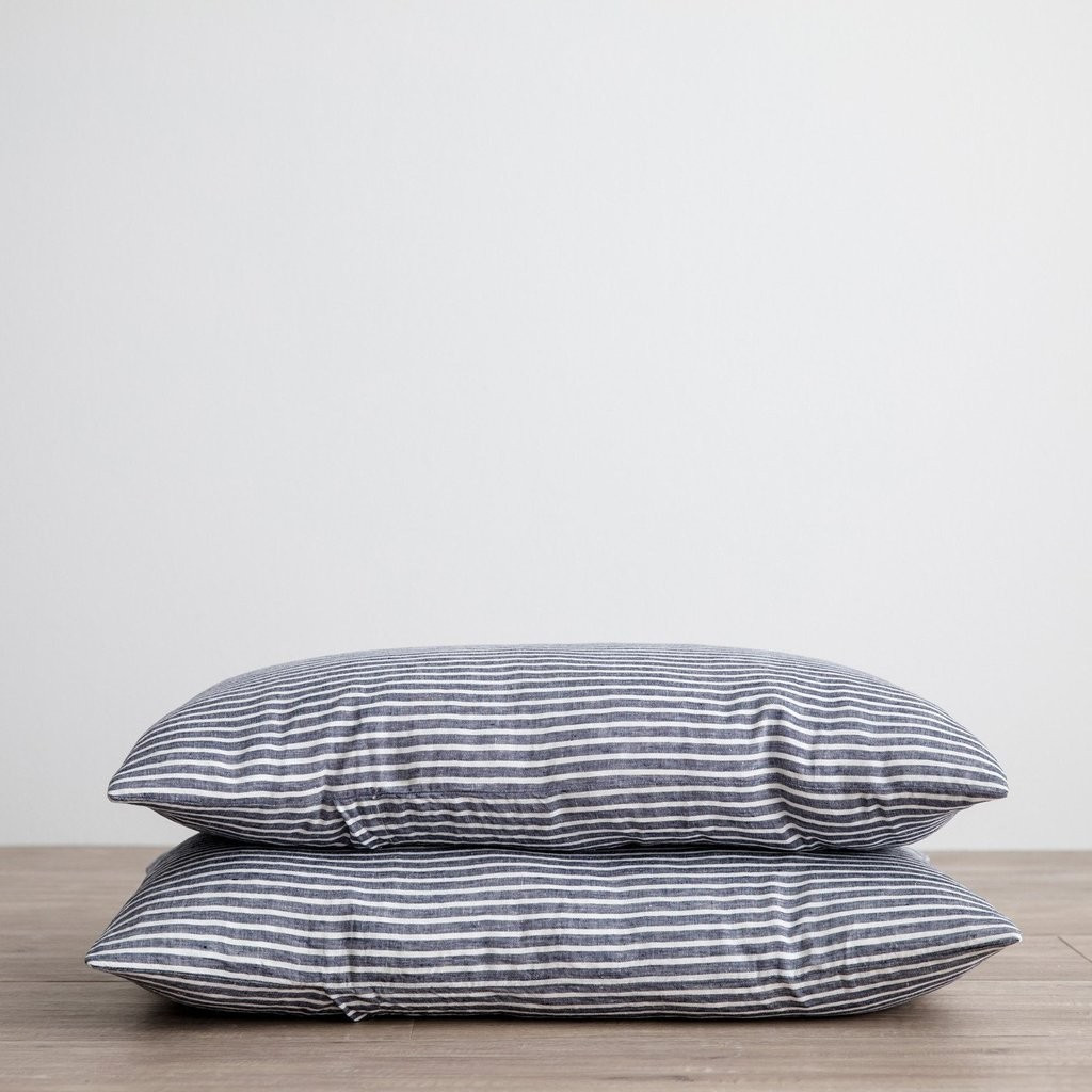 Set of 2 Linen Pillowcases - Indigo Stripe | Cultiver