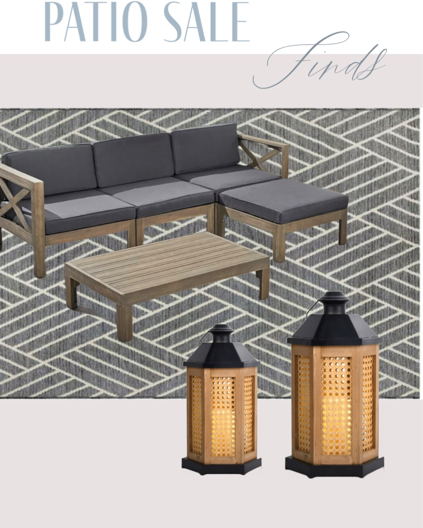 Gray patio furniture with dark gray cushions , perfect for families with kids! Gray outdoor rug , cane and black outdoor lanterns 

#LTKSeasonal #LTKhome #LTKFind