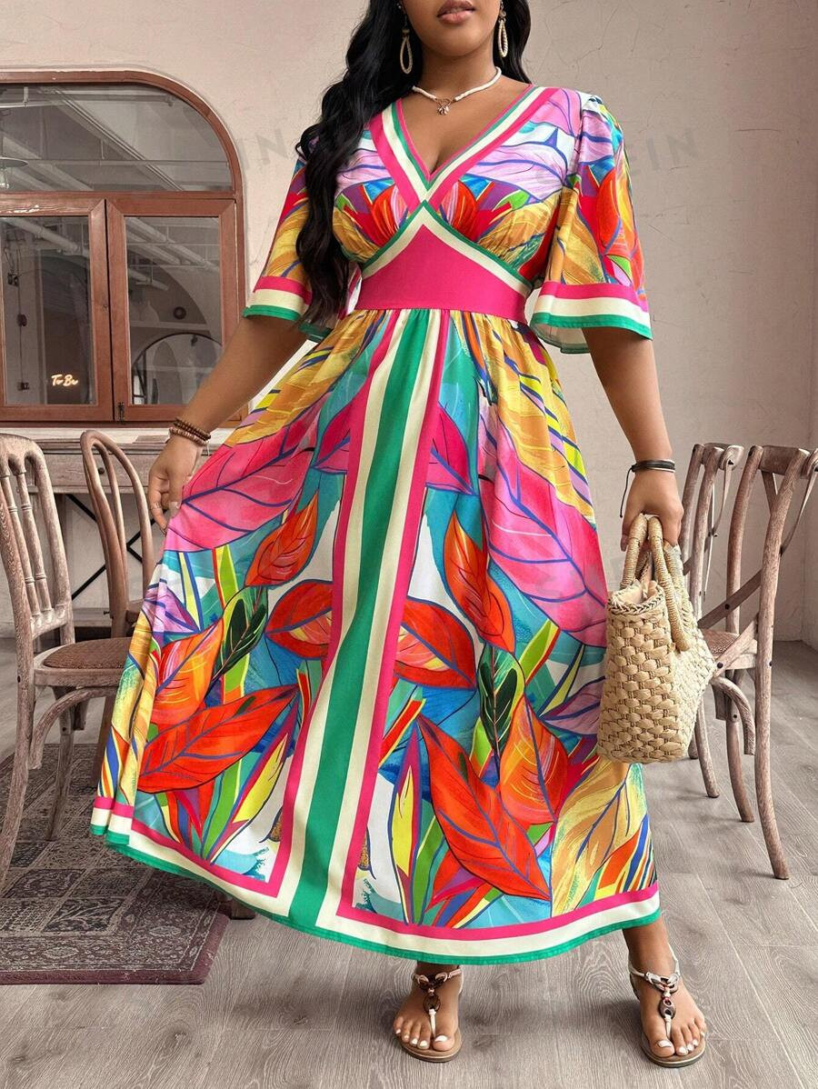 SHEIN VCAY Plus Size Vacation Casual Plant Printed High-Waist Long Dress | SHEIN