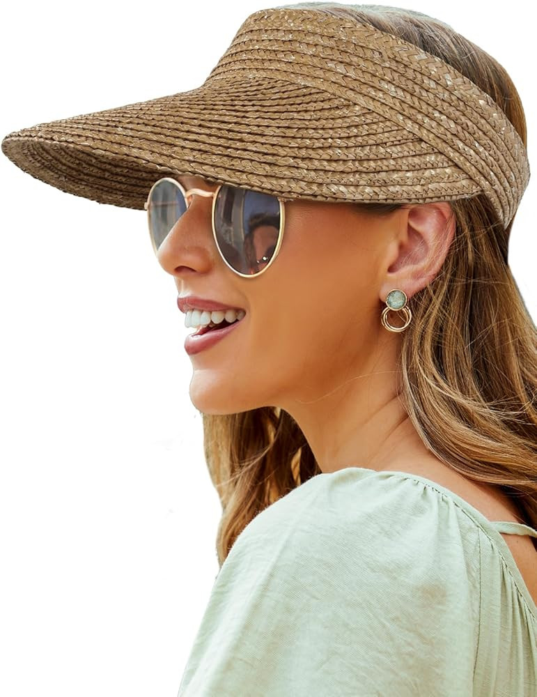 Straw Visor - Wide Brim Women's Summer & Beach Hat - Packable, Flexible Sun Protection | Amazon (US)