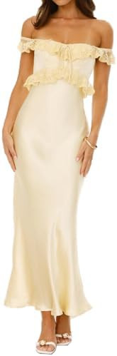 Satin Off The Shoulder Sleeveless Lace Trim Maxi Dress 2025 Summer Elegant Formal Bridesmaid Dres... | Amazon (US)