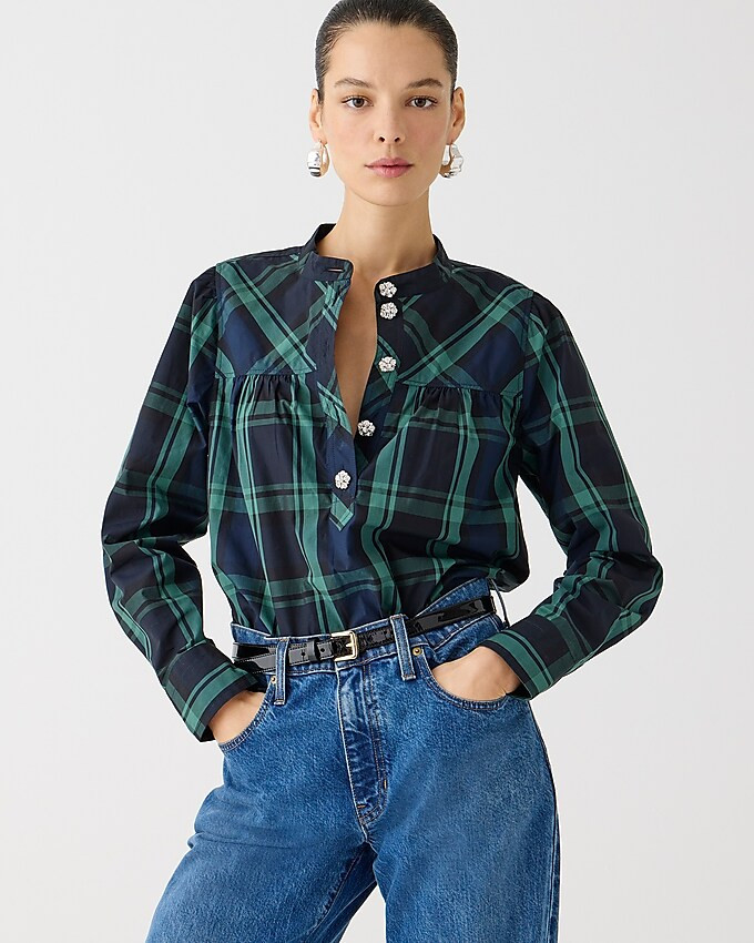 Fresco top with jewel buttons in Black Watch tartan | J. Crew US