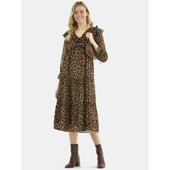 Time and Tru Women's and Women's Plus Ruffle Tiered Midi Dress with Long Sleeves, Sizes XS-4X - W... | Walmart (US)