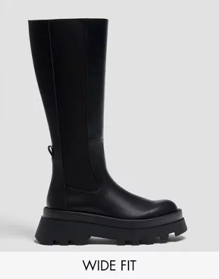 Pull&Bear wide fit knee high chunky flat boots in black | ASOS (Global)