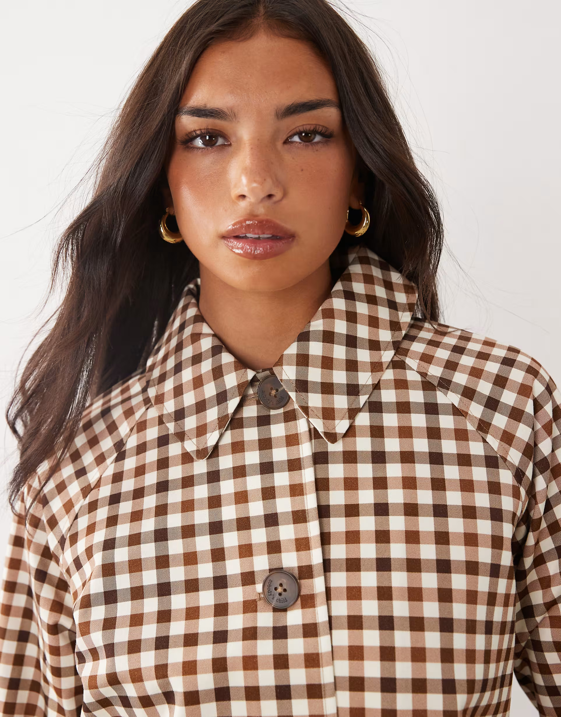 Nobody's Child Oyanti button down collared swing jacket in brown gingham | ASOS (Global)