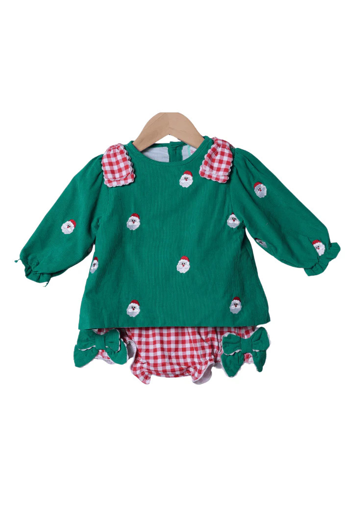 Embroidered Santa Green Corduroy Bow Bloomer Set | The Smocked Flamingo