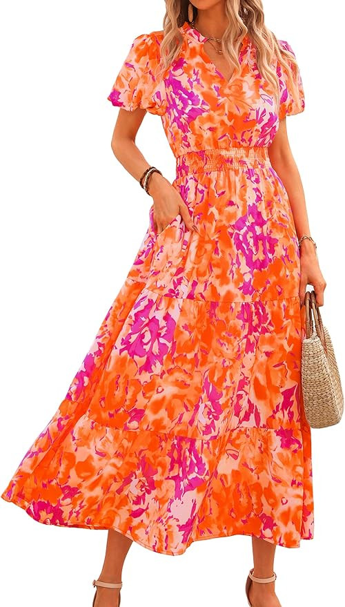 MASCOMODA Summer Maxi Dresses for Women 2025 Casual V Neck Puff Short Sleeve Smocked Flowy Beach ... | Amazon (US)