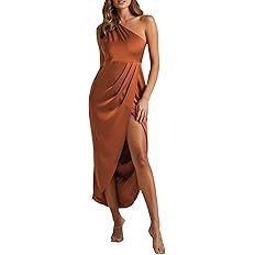 LYANER Women's One Shoulder Ruched Sleeveless Slit Split Wrap Hem Zipper Midi Dress | Amazon (US)