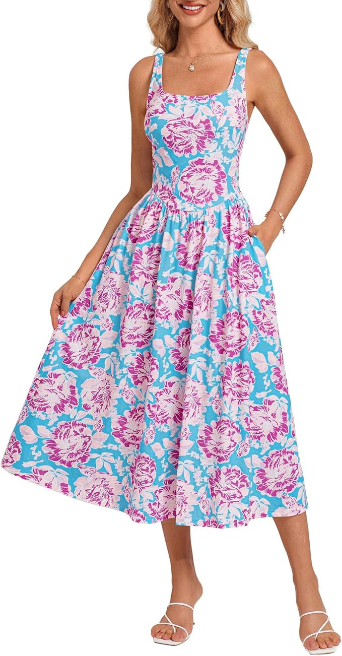 GRACE KARIN Women's Summer Floral Midi Dress 2025 Sleeveless Square Neck Boho Beach Casual Dresse... | Amazon (US)