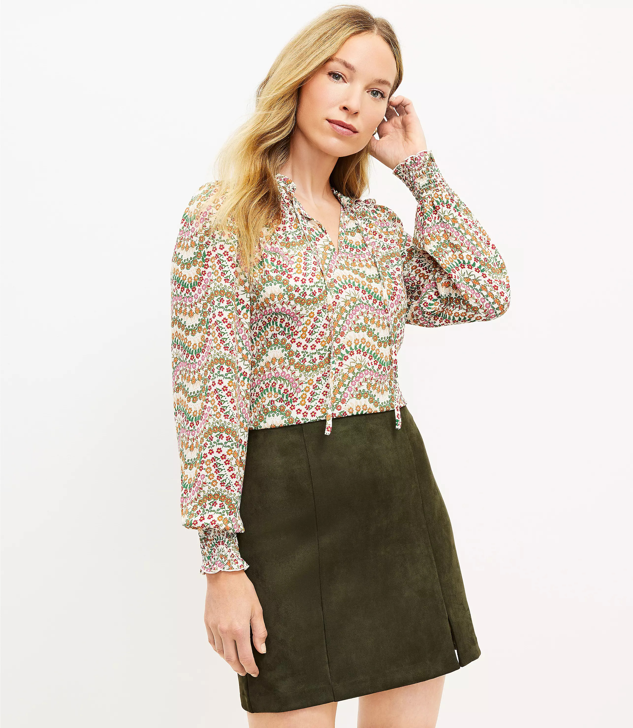 Garden Smocked Cuff Tie Neck Mixed Media Blouse | LOFT