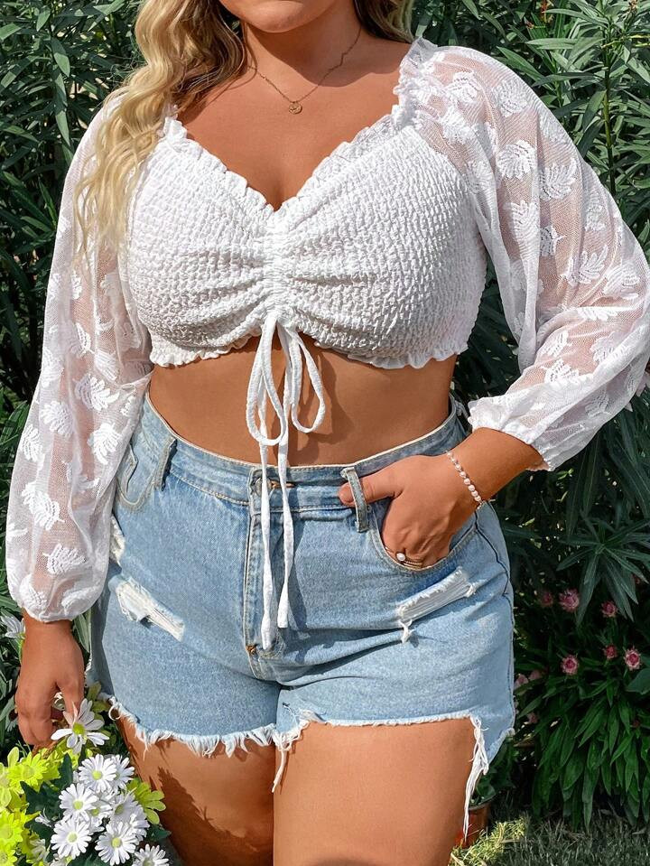 SHEIN CURVE+ Plus Size Romantic Blouse With Drawstring Front And Cropped Length | SHEIN