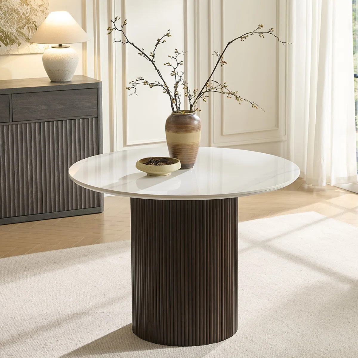 Alpena Round Faux Marble Dining Table With Wood Fluted Base | Wayfair North America