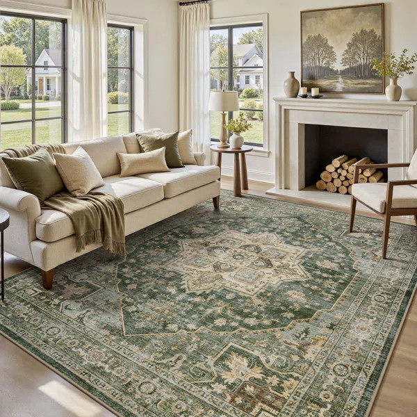 Soft Green Machine Washable Vintage Area Rug For Living Room, Bedroom | Wayfair North America