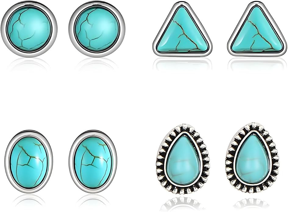 Dreuyet Turquoise Stud Earrings Set for Women Handmade Gemstone Oval Round Flower Cut Shape Squar... | Amazon (US)