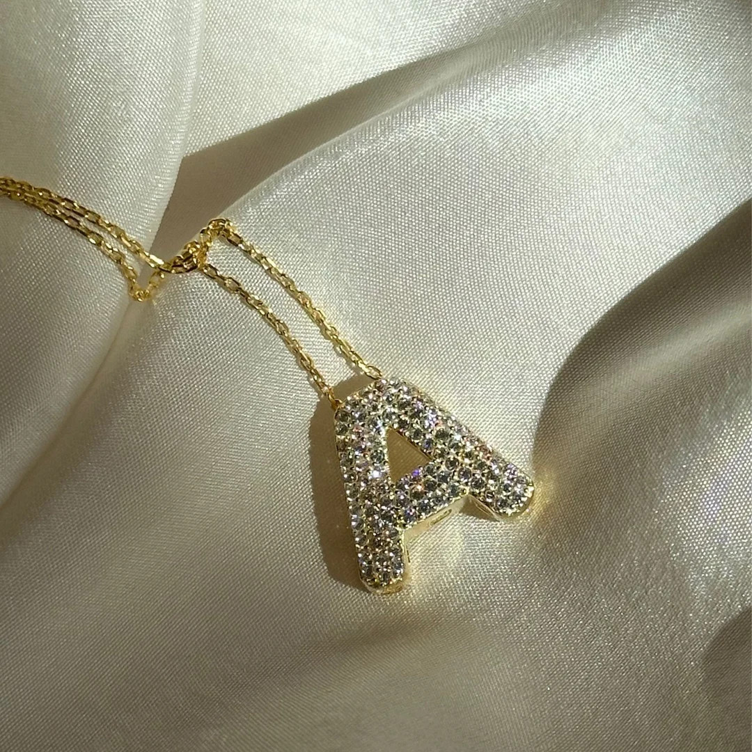 Pave Bubble Diamond Initial Necklace, Bubble Letter Necklace, 14K Gold Plated Monogram Letter Pen... | Etsy (US)