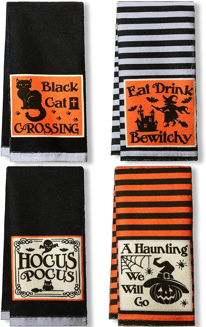 Tticai 4 Pieces Halloween Dish Towels Soft Stripe Kitchen Towels Eat Drink Bewitchy Witch Embelli... | Amazon (US)