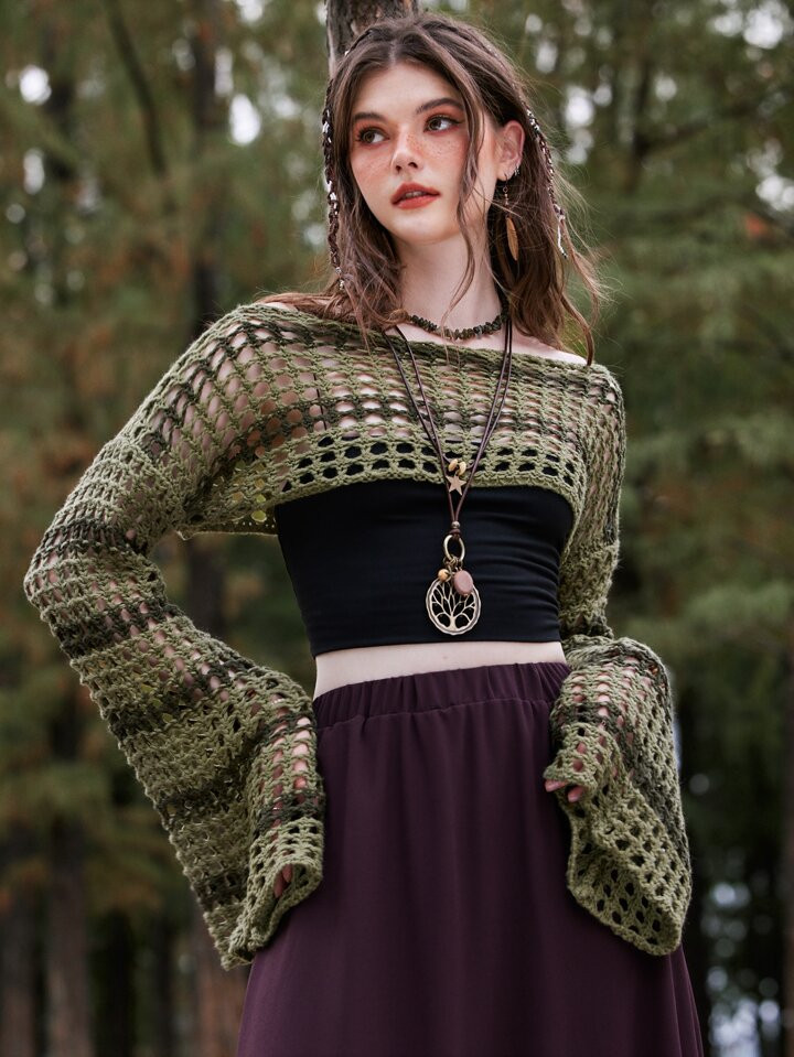 ROMWE Fairycore Summer Crochet Hollow Out Striped Crop Sweater | SHEIN