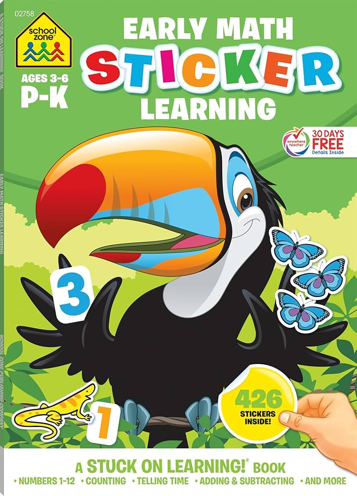 School Zone Early Math Sticker Learning Workbook: 64 Pages, Preschool, Kindergarten, 426 Stickers, Counting, Numbers 1-12, Telling Time, Ages 3 to 6 (Stuck on Learning! Book Series) | Amazon (US)