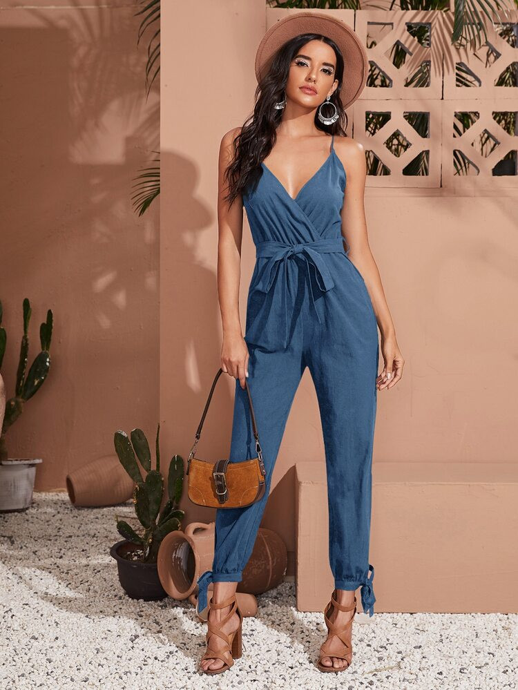 SHEIN Surplice Neck Split Knot Hem Belted Slip Jumpsuit | SHEIN