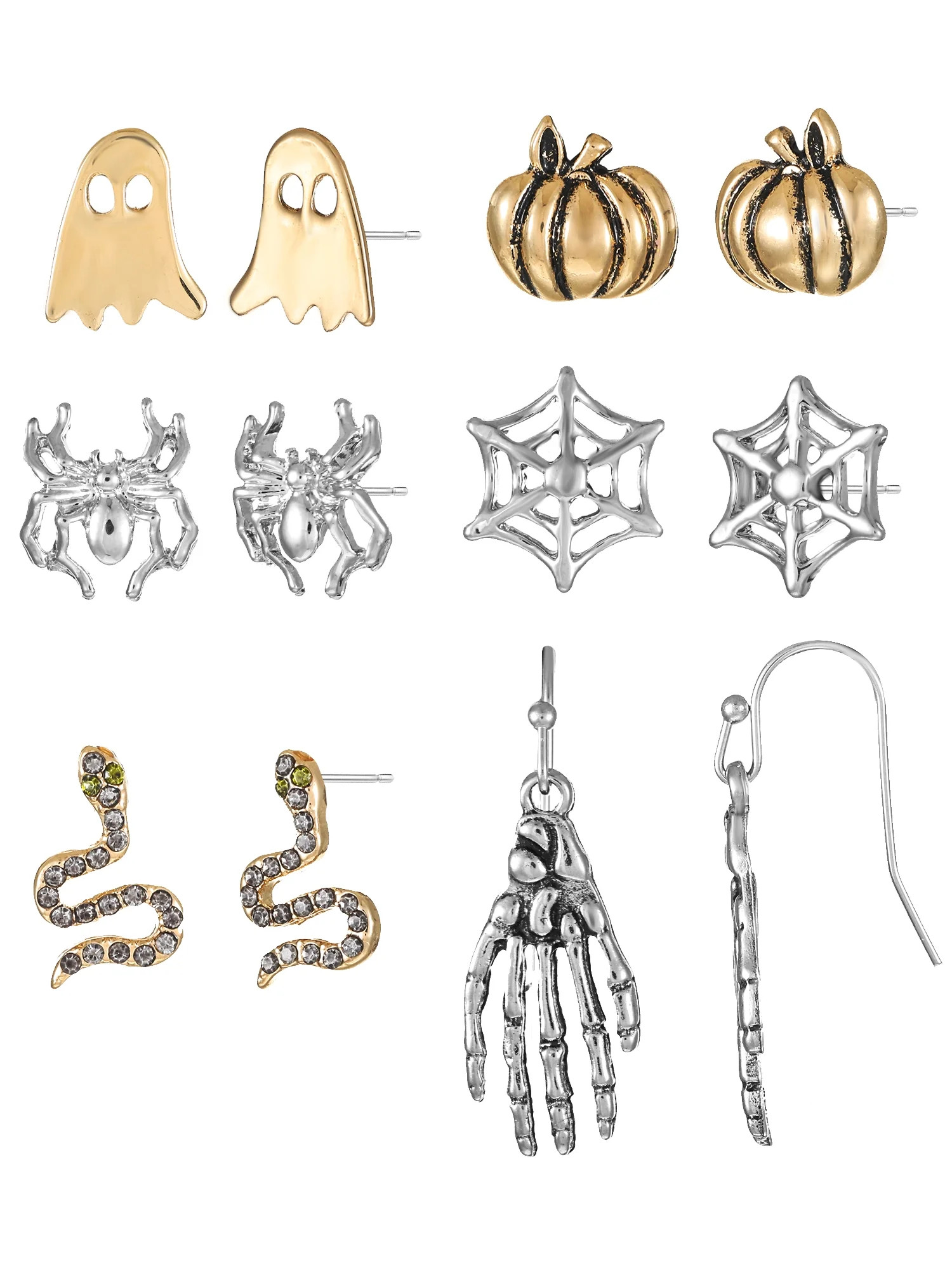 Way to Celebrate Halloween Earring Set, Gold and Silvertone Pumpkins, Snakes, Ghosts and Spiders,... | Walmart (US)