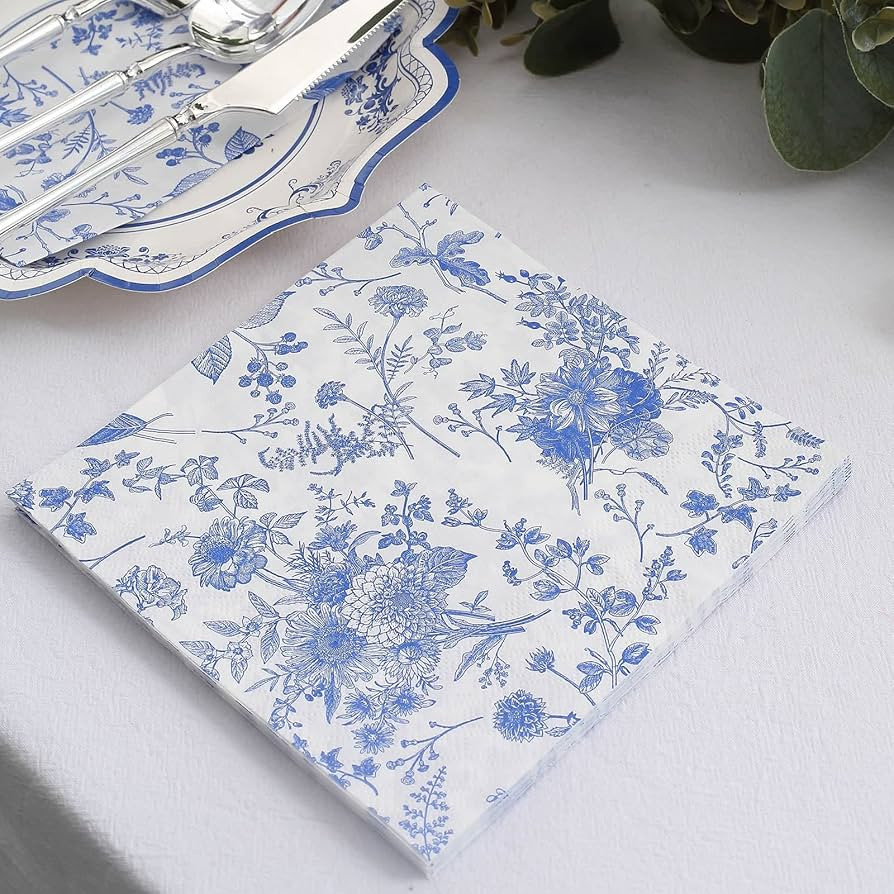 Tableclothsfactory 20 Pack | White/Blue Chinoiserie Floral Print 2-Ply Paper Napkins, Disposable ... | Amazon (US)