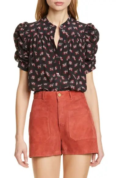 Floral Ruched Sleeve Silk Blouse | Nordstrom