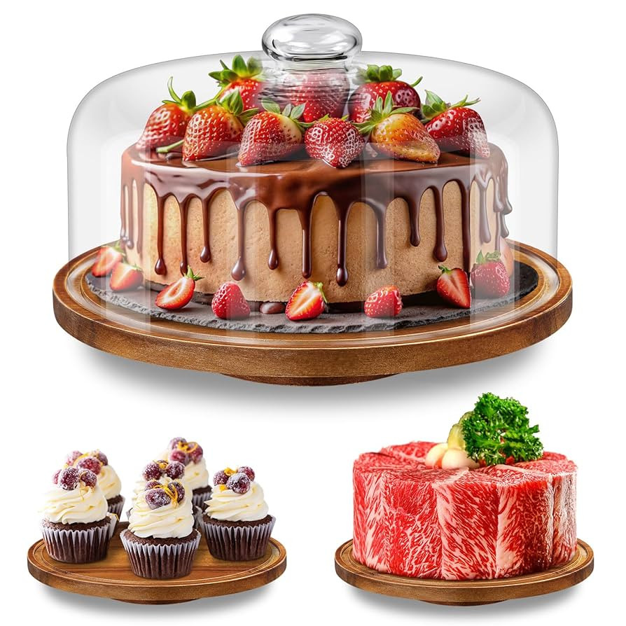 Yangbaga 11IN Wood Cake Stand with Dome Lid, Rotating Cake Stand with Glass Dome- Cake Plate with... | Amazon (US)