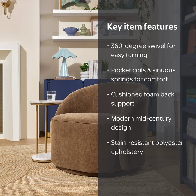 Beautiful Georgiana Swivel Chair by Drew Barrymore, Chocolate, Faux Leather Piping | Walmart (US)