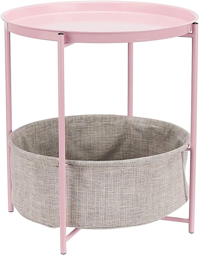Amazon Basics Round Storage End Table, Side Table with Cloth Basket - Pink/Heather Gray, 19 x 18 ... | Amazon (US)