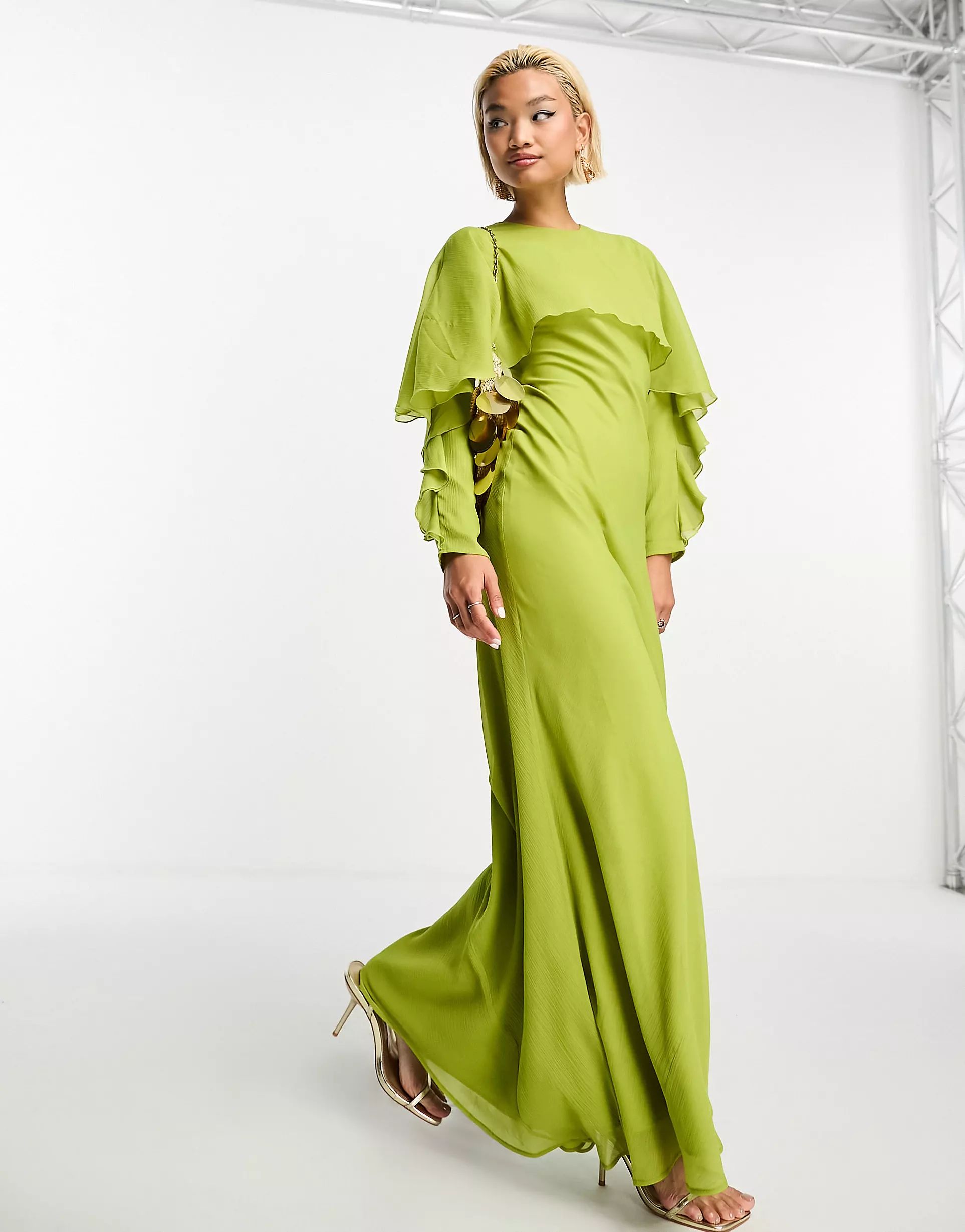 ASOS DESIGN Long sleeve ruffle bias maxi dress with cape detail in olive green | ASOS (Global)
