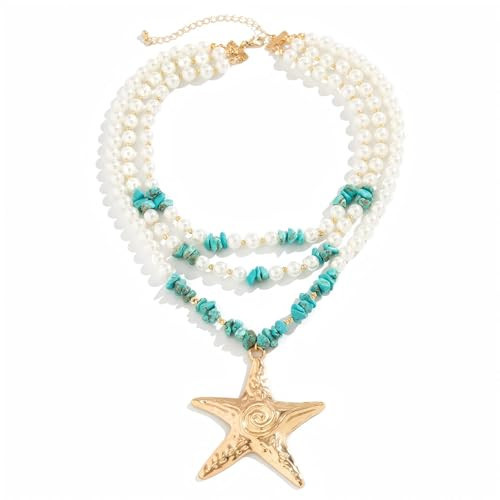 craftsmanscore Pearl Beaded Starfish Pendent Necklace Turquoise Mermaid Chunky Multilayer Necklace Summer Beach Jewelry for Women (gold) | Amazon (US)