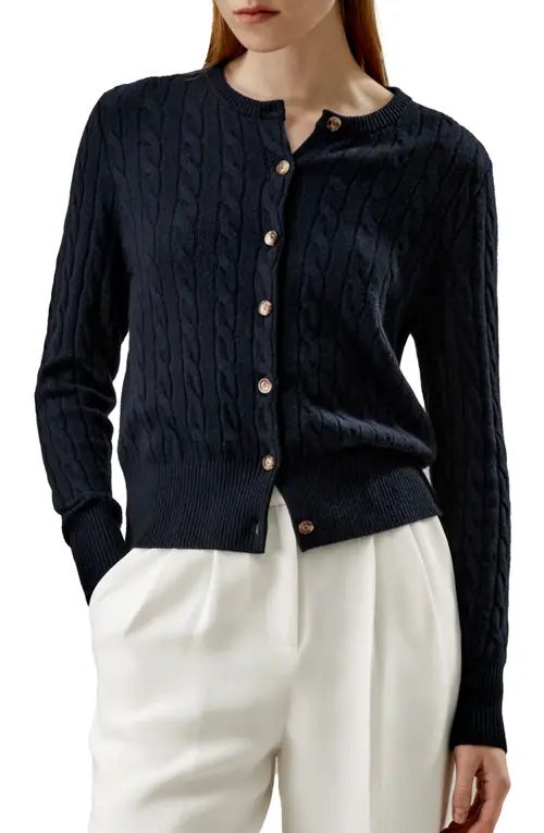 Lilysilk Cable-Knit Cashmere Crewneck Cardigan in Navy Blue at Nordstrom, Size X-Small | Nordstrom