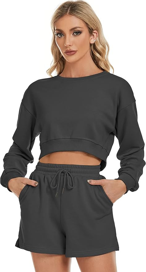 COZYPOIN Women 2 Piece Lounge Sets Oversized Long Sleeve Shorts Outfits Casual Sweatsuit Pajamas ... | Amazon (US)