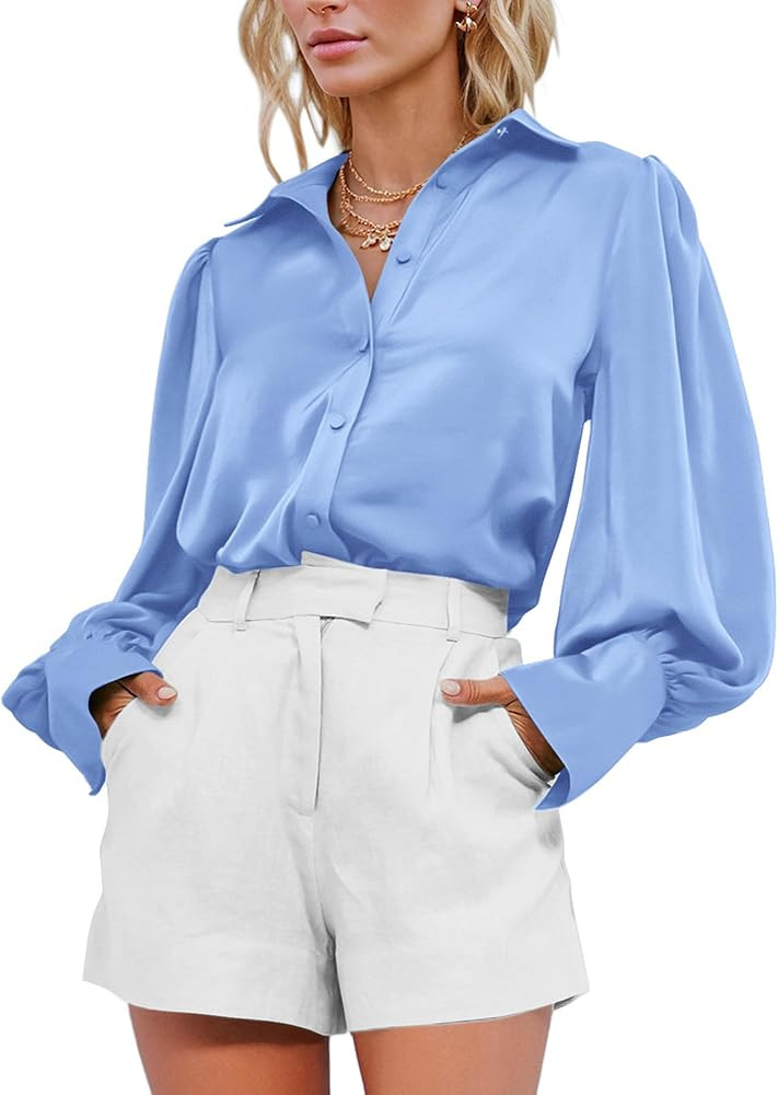 BTFBM Women Satin Blouses Summer Fall Clothes Button Down Lantern Long Sleeve Shirts Work Busines... | Amazon (US)