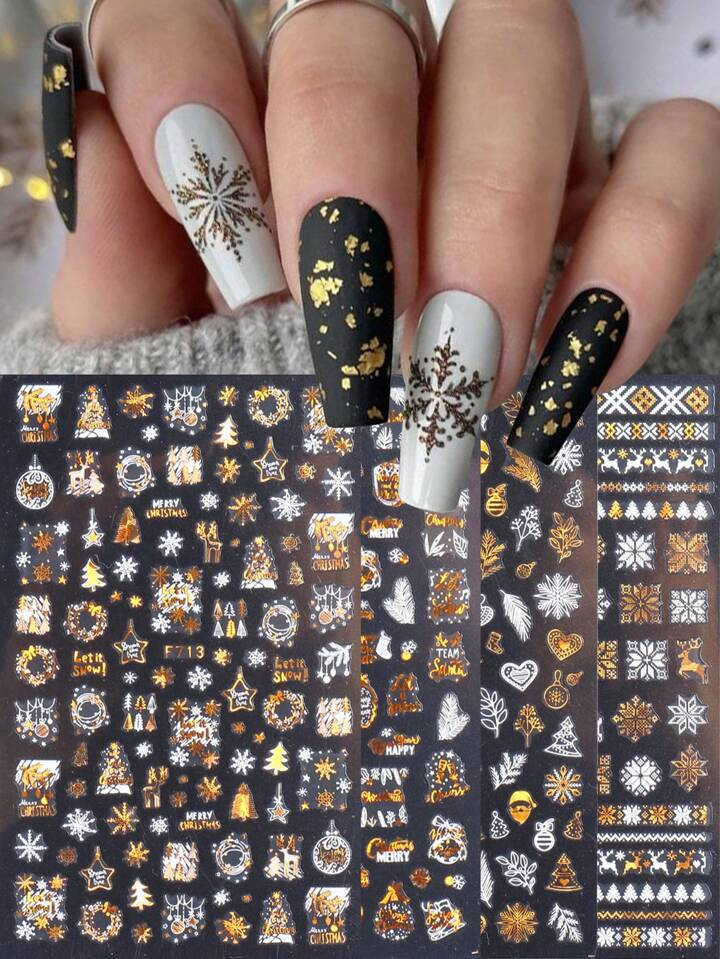 4 Sheets Christmas Snowflakes Nail Art Stickers 3D White Gold Deer Santa Claus Christmas Tree Dec... | SHEIN