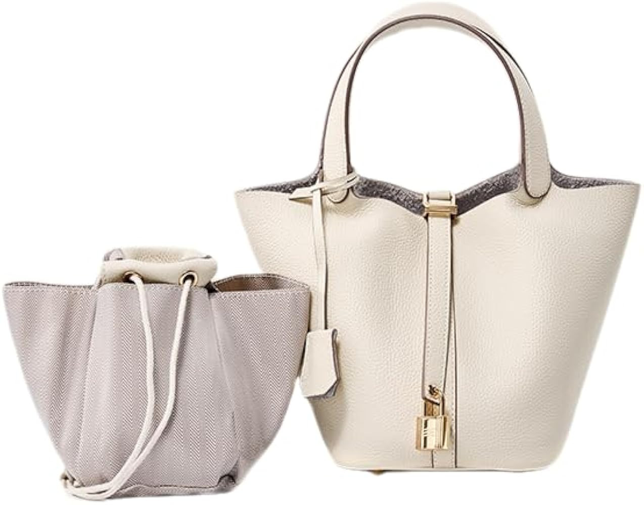 Genuine Leather Bucket Bag with Lock Closure, Vegetable Basket, Stylish and Versatile Shoulder ba... | Amazon (US)