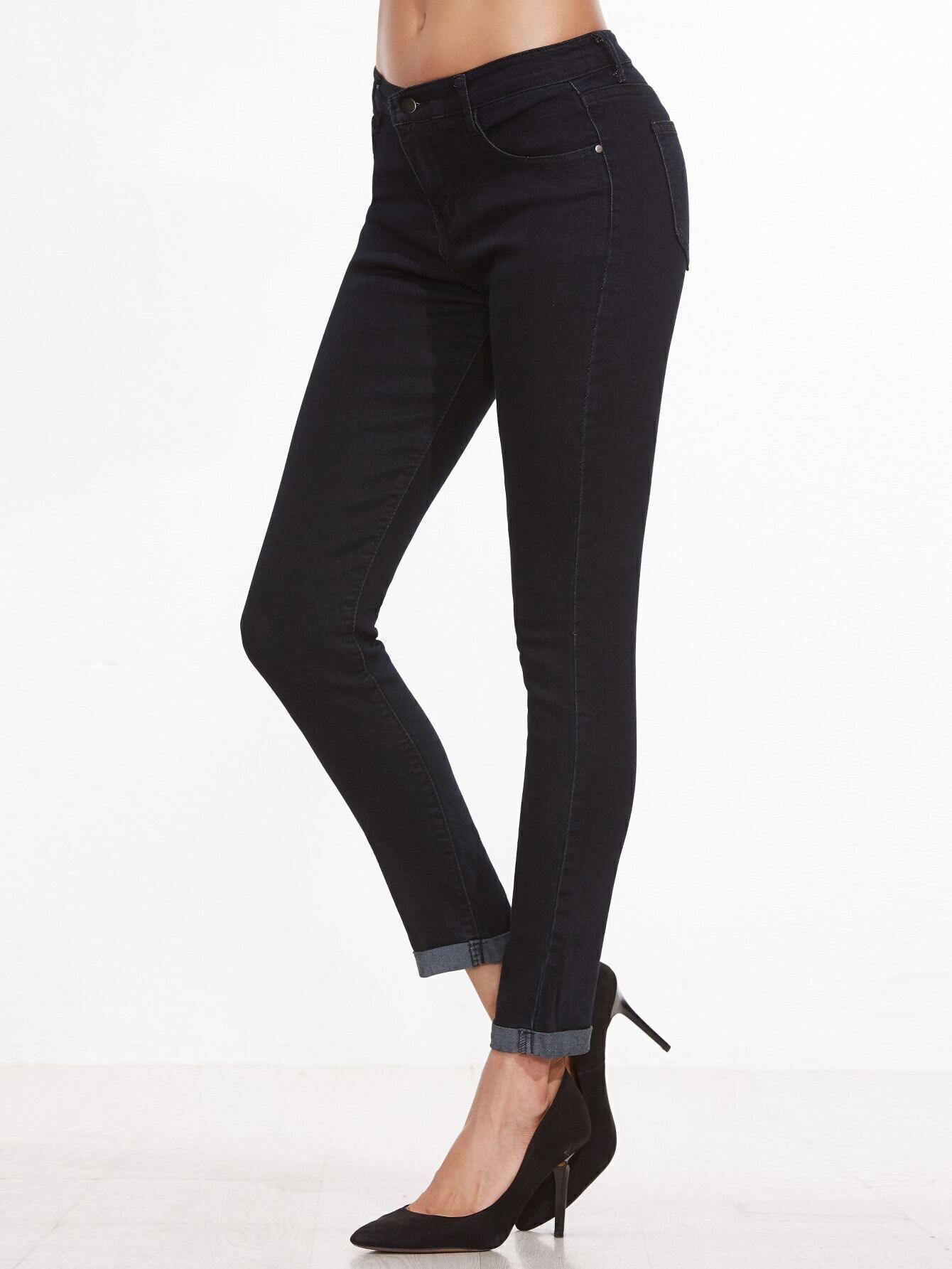 Black Roll Hem Skinny Jeans | Romwe