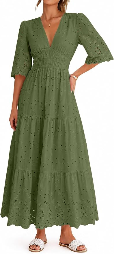 Lazysmile Long Sleeve Dresses for Women V Neck Hollow Out Eyelet Ruffle Swing A-Line Fall Vacatio... | Amazon (US)