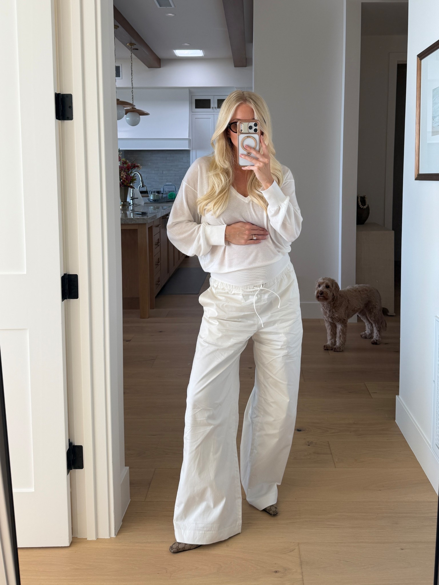 Wearing a medium in top (clouded white), medium in pants (light birch- sized up for pregnancy), shoes run tts! #kathleenpost

Casual chic look, lunch outfit, lunch date, casual dinner date, maternity look, bump friendly 

#LTKSeasonal #LTKootd