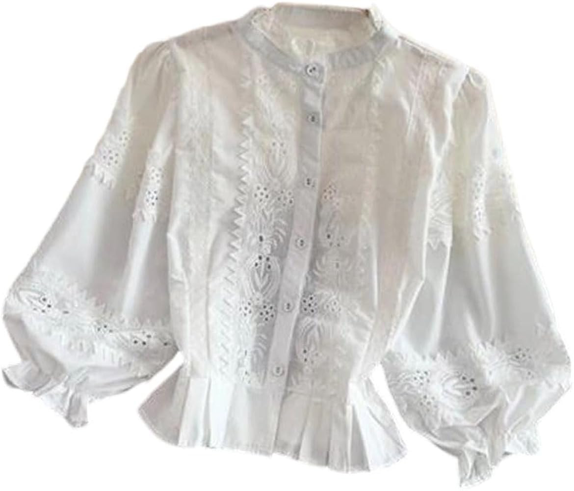 Women's Single Breasted Lace Shirts Vintage Stand Collar Patchwork Lantern Sleeve Slim Blouse Top | Amazon (US)