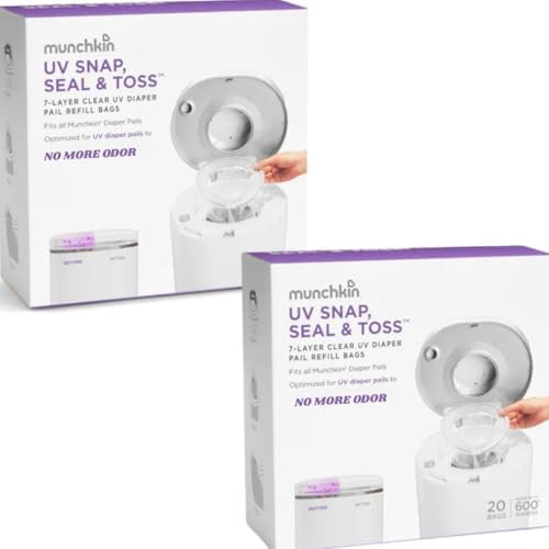 2 Munchkin UV Snap, Seal & Tos Diaper Pail Refill Bags, Each Holds up to 600 Newborn Diapers, 20 ... | Amazon (US)