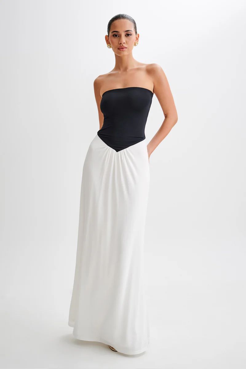 Ruby Strapless Slinky Maxi Dress - Black/White | MESHKI US