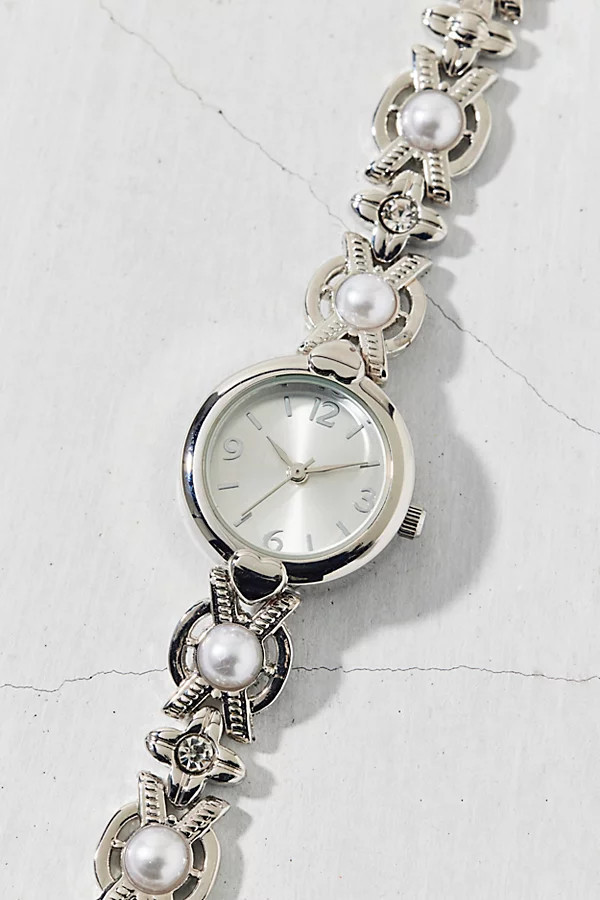 Pearl Bead Linked Chain Round Watch in Silver, Women's at Urban Outfitters | Urban Outfitters (US and RoW)