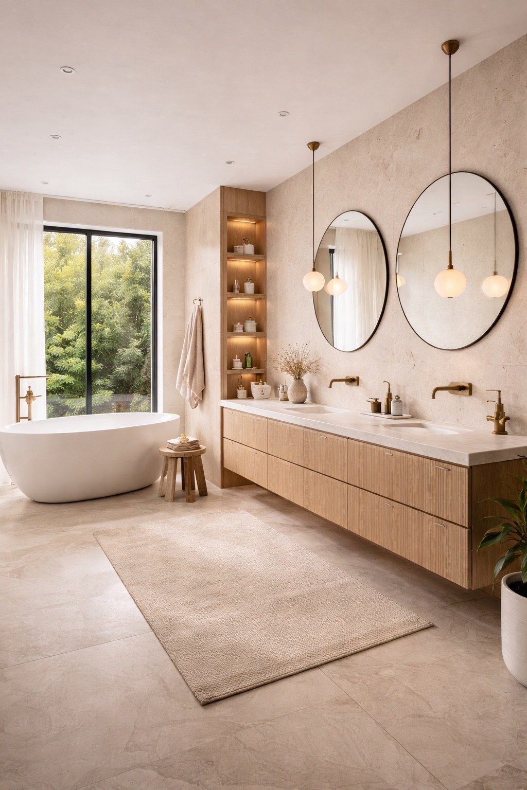 Elegant minimalist bathroom featuring a warm wood double vanity, round wall mirrors, pendant lighting, and a freestanding soaking tub. Soft neutral tones, natural textures, and clean modern lines create a calm spa-like atmosphere perfect for a luxury home. This serene bathroom design blends contemporary style with cozy organic elements for a relaxing everyday retreat.

#luxurybathroom #modernbathroom #spabathroom #bathroomdesign #neutralinterior #minimalistinterior #modernhome #bathroominspo #luxuryinterior #freestandingtub #woodvanity #interiordesign #homedecor #modernluxury #bathroomdecor