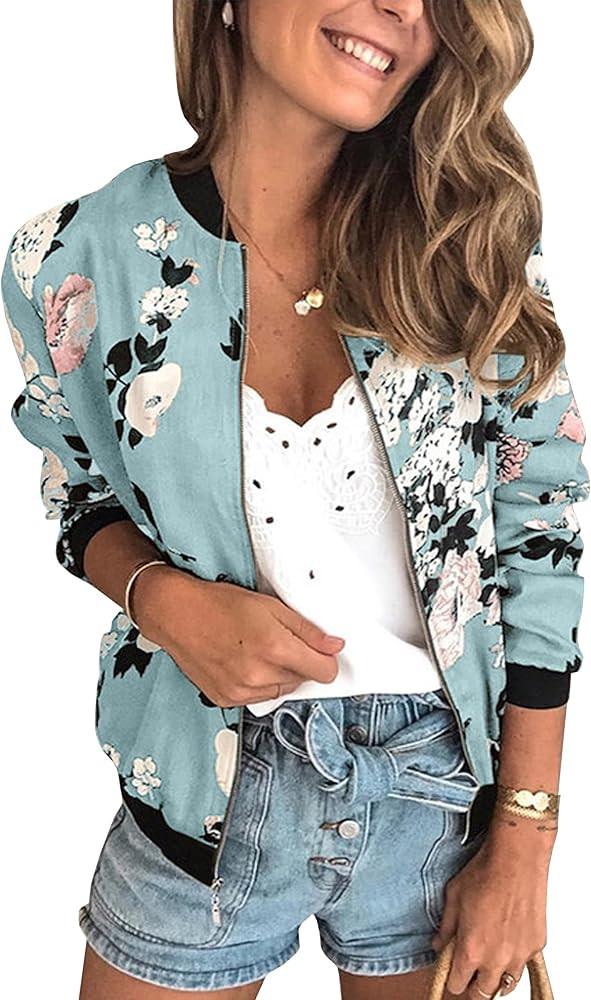 ECOWISH Women's Casual Floral Zip Up Bomber Jacket Coat Lightweight Short Camo No Lining Outwear ... | Amazon (US)