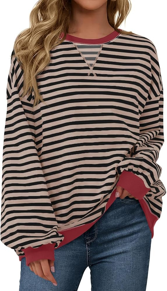 Fisoew Womens Striped Oversized Sweatshirt Color Block Crew Neck Long Sleeve Shirt Casual Loose P... | Amazon (US)