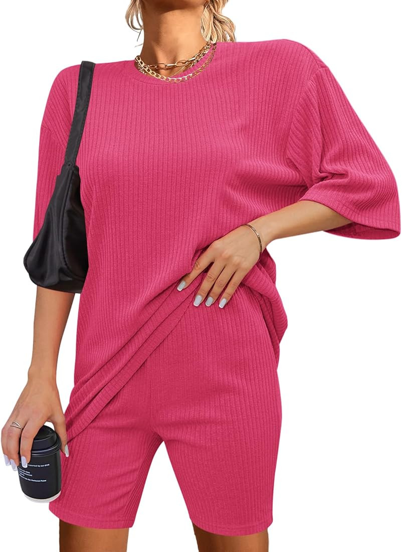 Ekouaer Pajamas 2 Piece Lounge Sets Ribbed Knit Matching Outfits T-shirt Biker Shorts Sleepwear L... | Amazon (US)