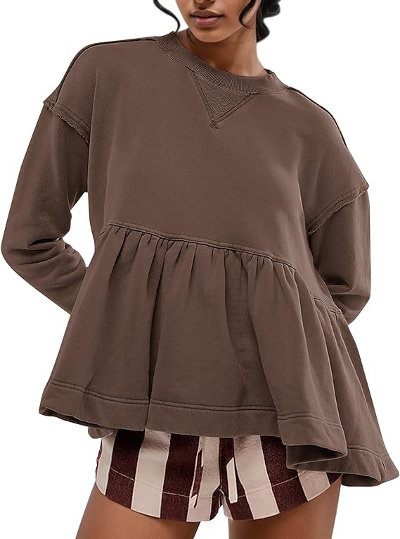 MISSACTIVER Women's Cute Ruffle Hem Babydoll Sweatshirt Crew Neck Long Sleeve Drop Shoulder Trend... | Amazon (US)