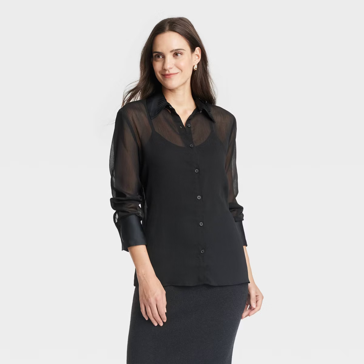 Women's Long Sleeve Crinkle Sheer Shirt - A New Day™ Black | Target